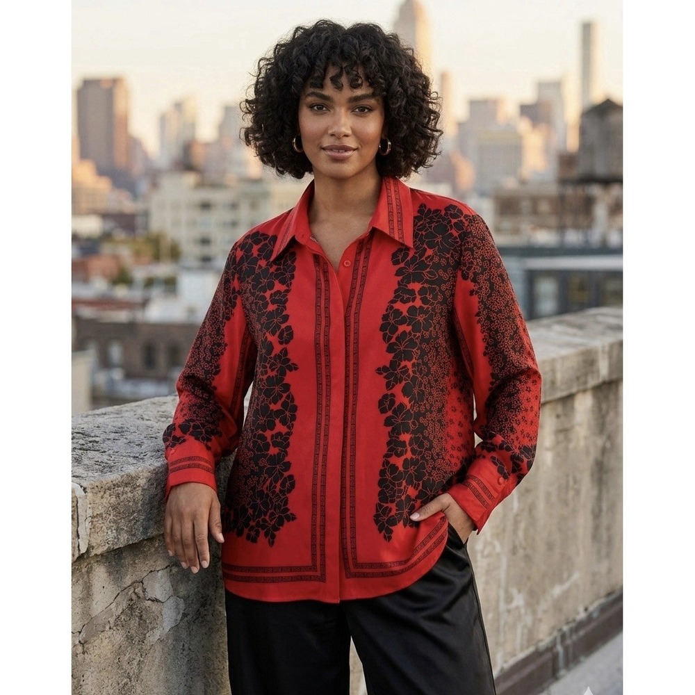 Y2K Piano Size-2XL Women's Blouse Silk Floral Red